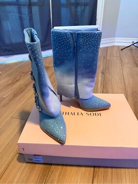 Thalia Sodi Blue Ombre Crystal-Embellished Pointed Toe Mid-Calf Boots